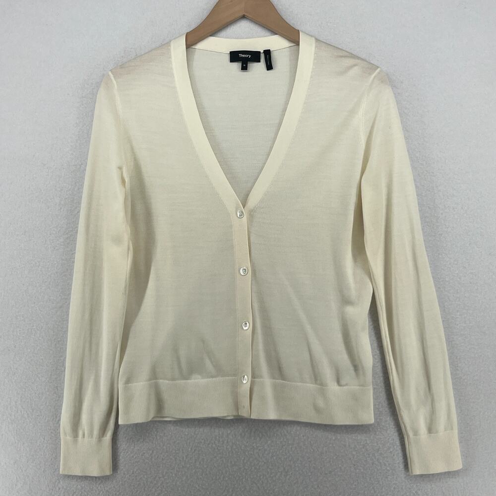 THEORY Sweater Women M Regal Wool Fine Gauge V-Neck Cardigan Button Up Off White